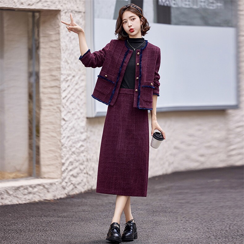 紫红色高级感小香风套装裙女2024秋冬新款名媛气质半身长裙两件套,女装套装/套裙,韩宇舍