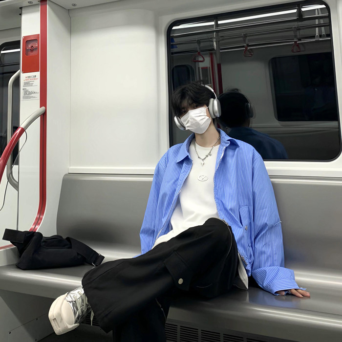蓝白条纹短款垫肩衬衫男款高级感痞帅3360-P65,男装衬衫,星座1109-4