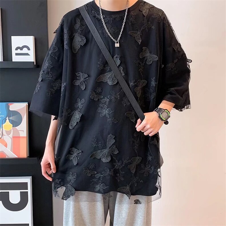 男圆领T恤宽松短袖假两件蝴蝶网纱短袖T061P33图片