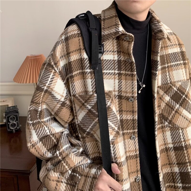 小香风外套男春秋慵懒风感小众设计感毛呢格子衬衫式夹克,男装夹克,星座218-1（原230）