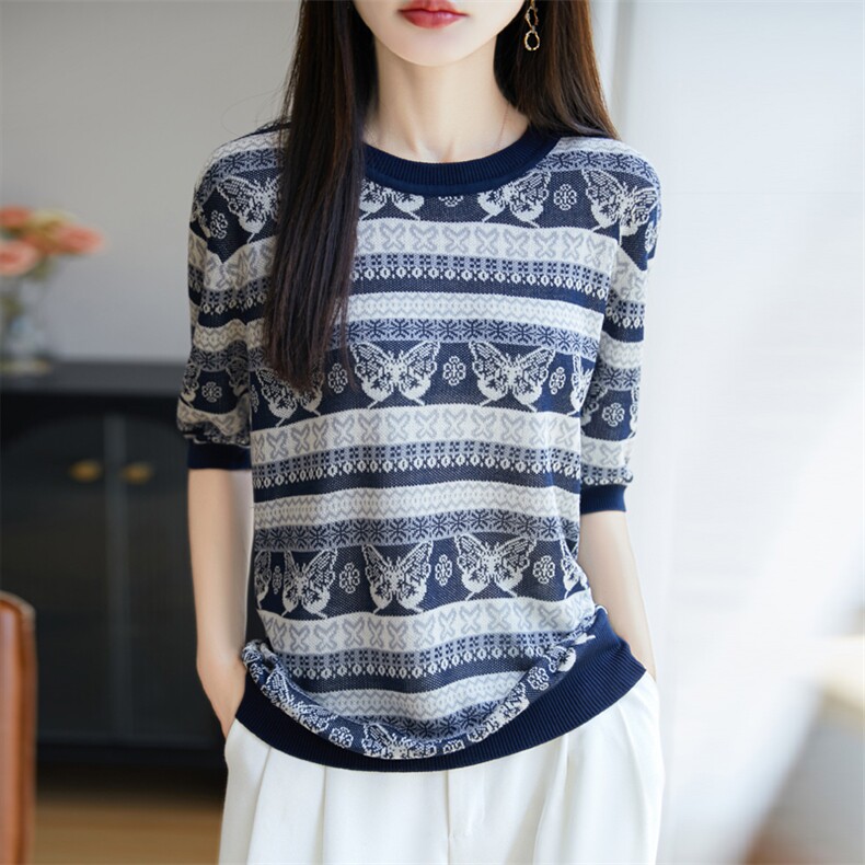 2025年秋季蝴蝶提花圆领短袖时尚百搭通勤，女装T恤，大美人包芯纱店