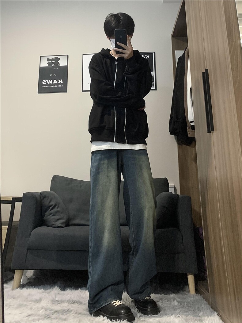 dirtyfit裤子水洗蓝阔腿直筒牛仔裤垂感高级感XZ310A-4-NZ10,男装牛仔裤,星座310A-4