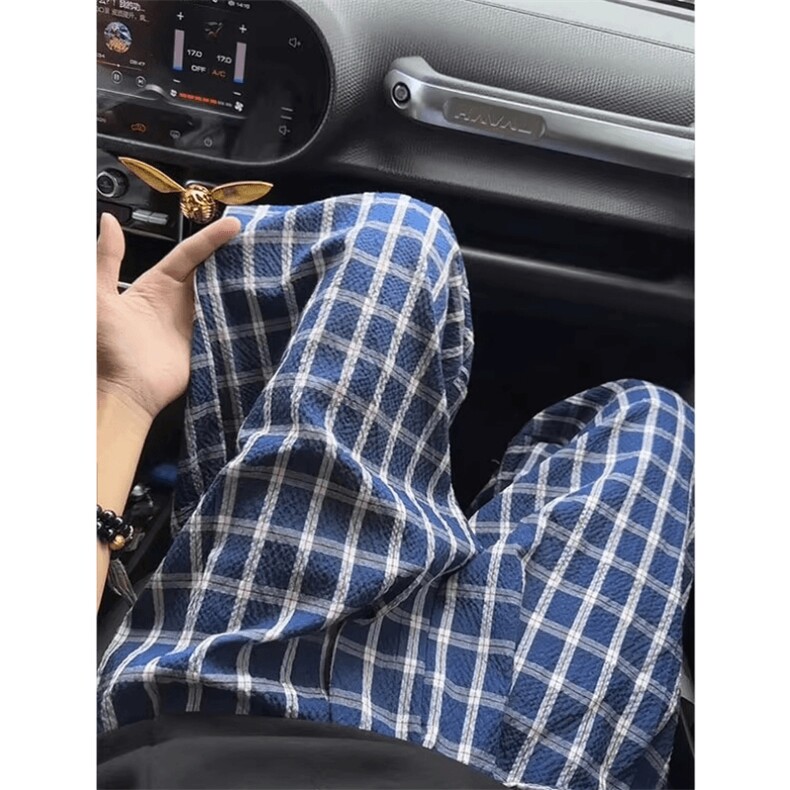 美式高街潮牌男女泡泡格子休闲裤直筒宽松慵懒显瘦阔腿休闲长裤子,男装休闲裤,电商A486