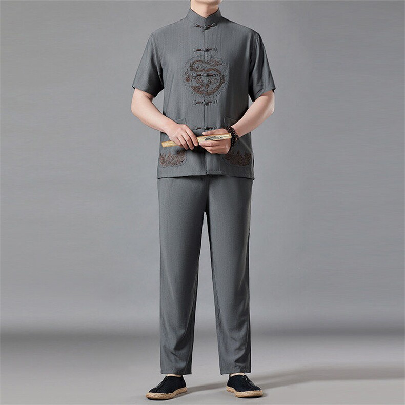 风高品质刺绣提花唐装男装夏季透气中老年人中式汉服爸爸套装,男装休闲套装,钱塘6003（原4033）