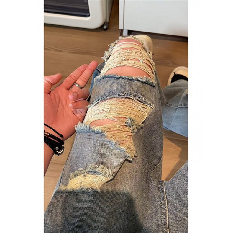 水洗破洞牛仔裤男夏季薄款宽松直筒裤废土风潮流休闲裤NK1132,男装牛仔裤,星座1116A（原606A-3）