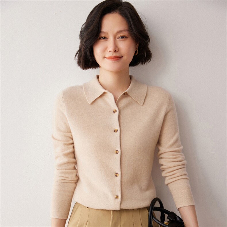 秋冬新款洋气时尚百搭显瘦女款POLO领35%山羊绒开衫,女装羊绒衫,艾巧羊绒