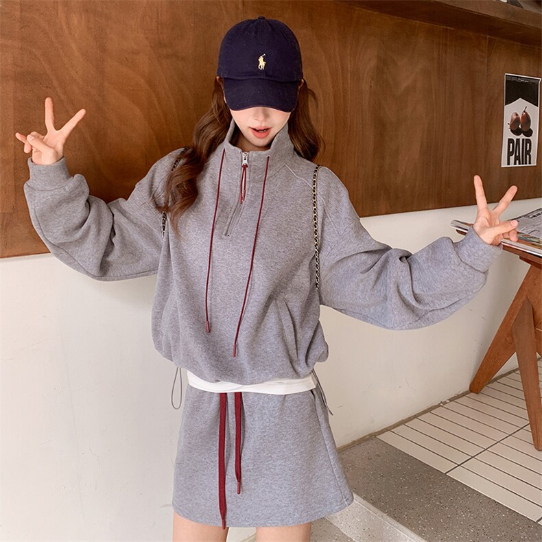 灰色休闲卫衣运动套装裙女春秋小个子学院风减龄俏皮韩系ootd超火,女装套装/套裙,纯色衣恋