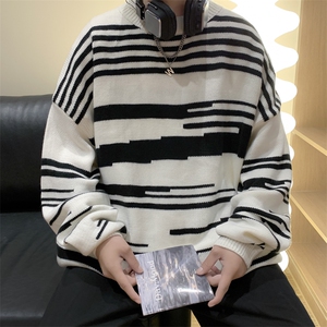 条纹慵懒风绒衫圆领套头针织衫秋冬季黑白宽松毛衣 M827-P35图片