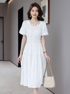 法式气质连衣裙女中长款2025夏季新款时尚高级感遮肚子立体织花裙图片