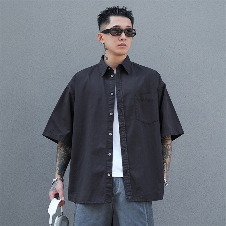 美式工装衬衫短袖夏季宽松纯棉脏染衬衣男 A436-0628-P4569图片