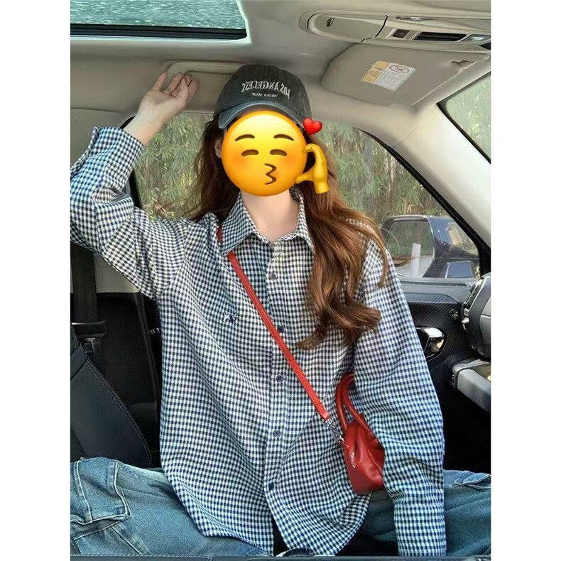 蓝格子小狗刺绣衬衫男女春秋新款设计感叠穿长袖上衣LS831P33,男装衬衫,星座1013-5