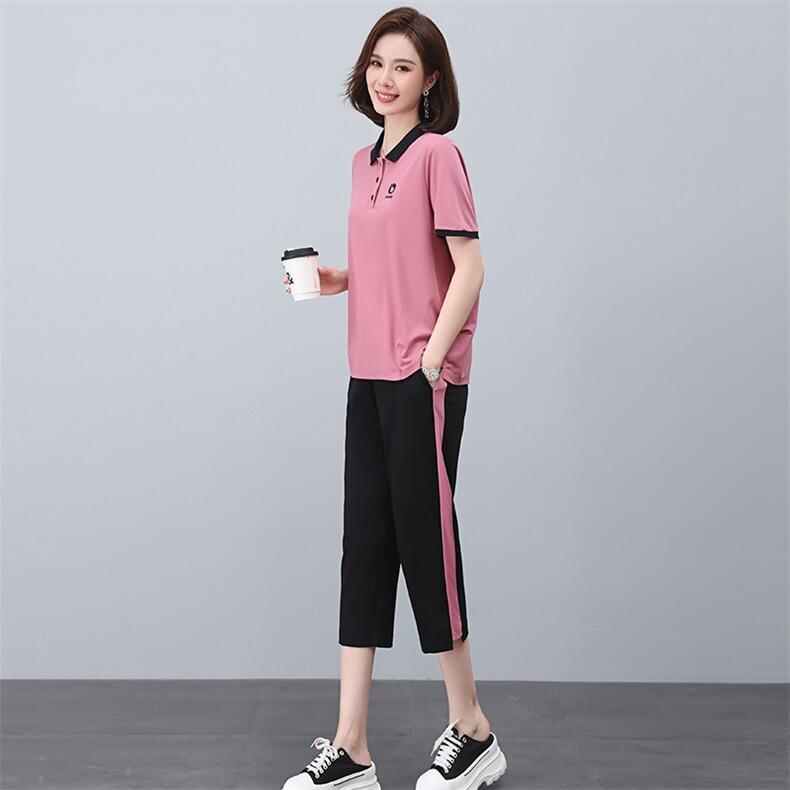啄木鸟纯棉运动服套装女夏季宽松短袖七分裤中年妈妈装休闲两件套,女装套装/套裙,忆绮罗