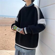 港风秋冬条纹毛衣拼接套头针织衫宽松毛衫打底MY7150，男装针织衫/毛衣，星座1013-1