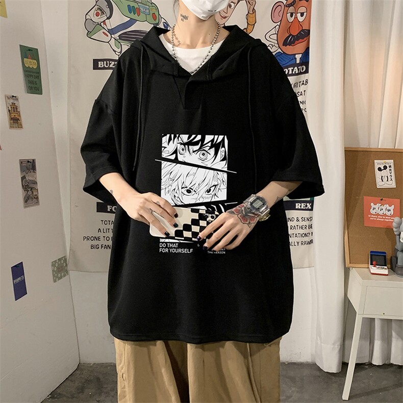 LD54176-P45连帽短袖t恤男大码胖子带帽五分袖中袖海报风,男装T恤,电商A040