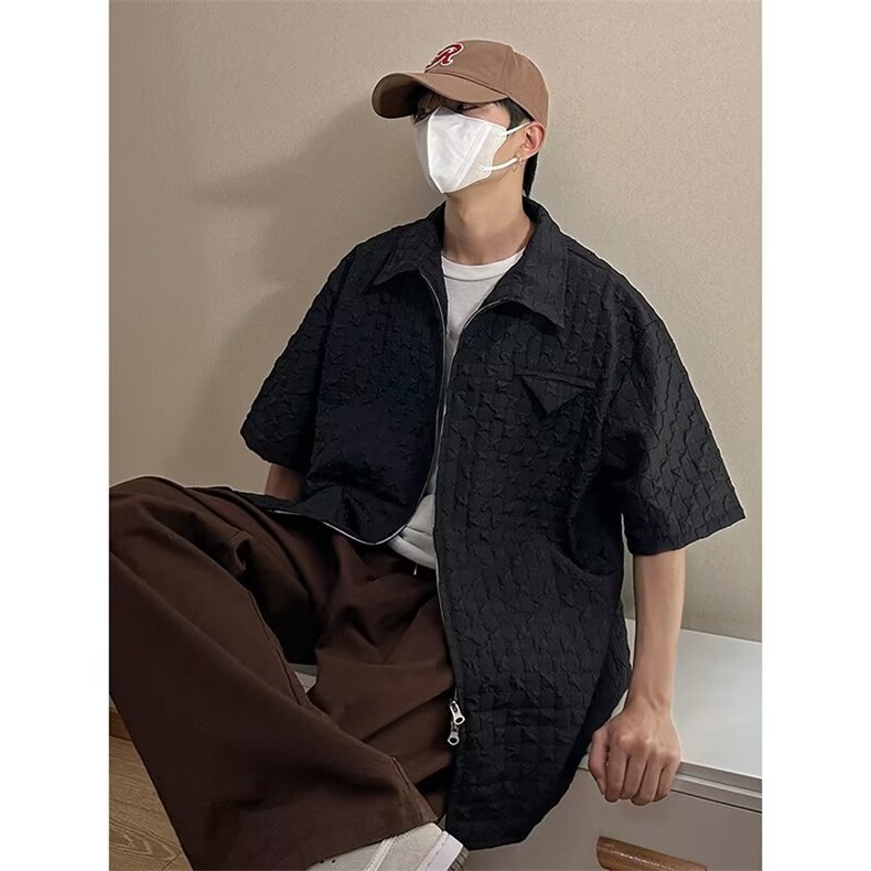 五分袖春夏季新款衬衫潮流慵懒男方领宽松型双拉链衬衫C654P42图片