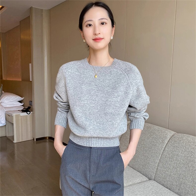 时尚百搭女士圆领羊毛衫简约纯色宽松显瘦毛衣,女装羊毛衫,泰沅羊绒