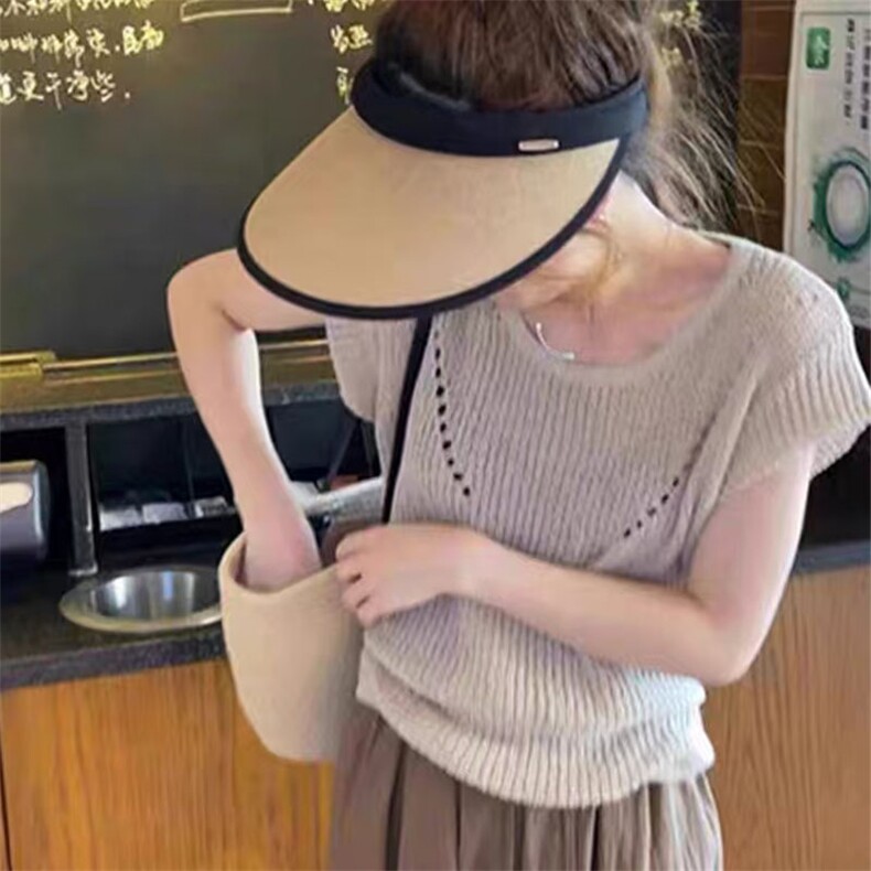 夏季新款时尚百搭系带款镂空冰丝短袖女,女装T恤,萱芳婷羊绒