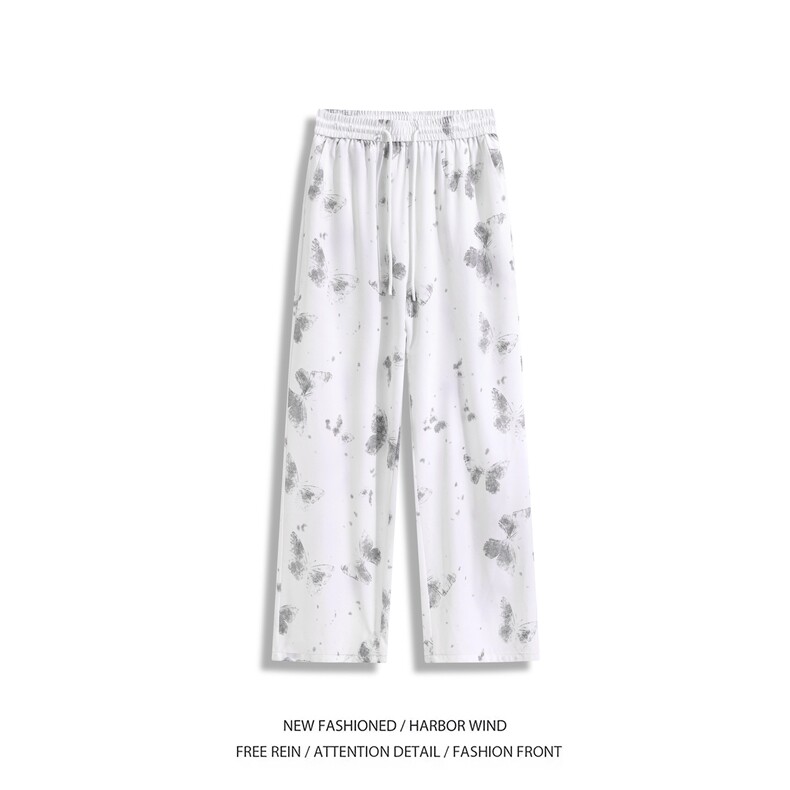 扎染蝴蝶冰丝裤子男夏季宽松直筒国潮阔腿垂感潮流百搭拖地休闲裤，男装休闲裤，电商B315