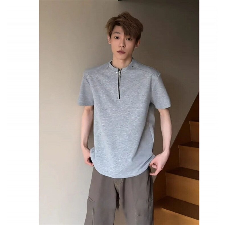 黑色美式正肩半拉链T恤男夏季潮牌痞帅垫肩短袖重磅曼巴棉半截袖,男装T恤,星座1005-4