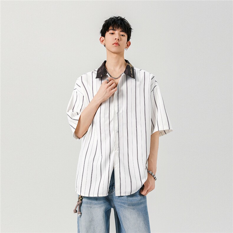 【现货】夏季新款条纹拼接撞色短袖衬衫CY06027TP35控58,男装T恤,星座1004（原星座815-3）