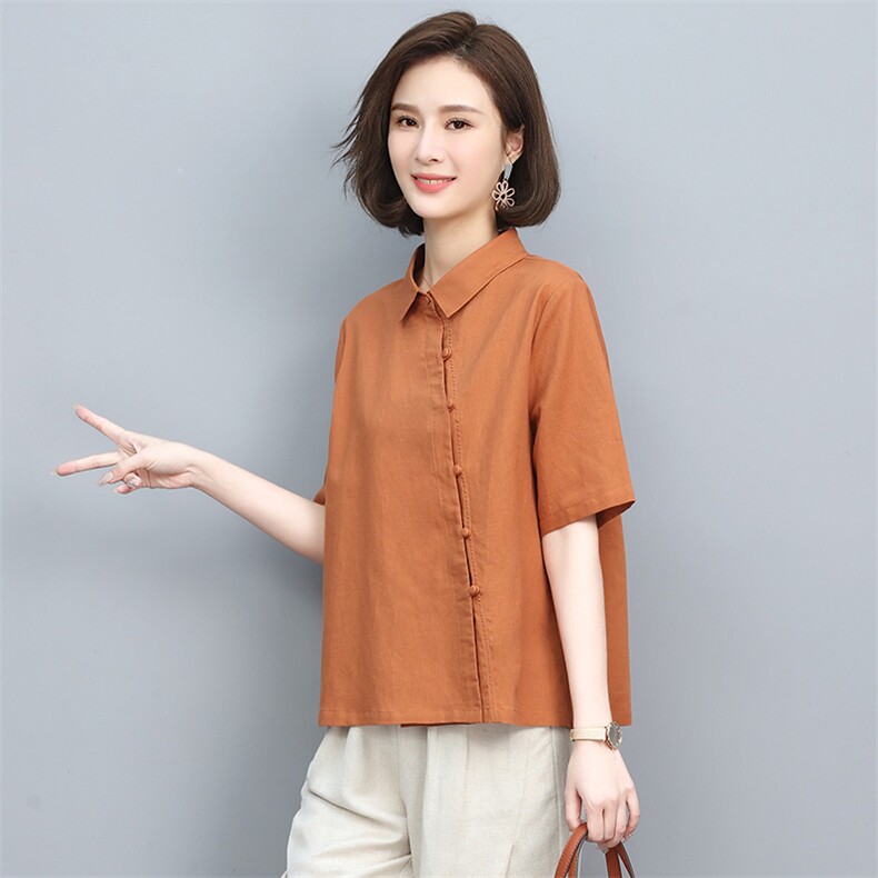 棉麻衬衫女2024夏季新款妈妈短袖衬衣中老年洋气亚麻薄款半袖上衣,女装衬衫,忆绮罗