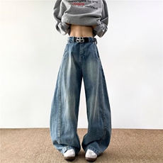 美式复古baggy弯刀牛仔裤男女高街宽松休闲水洗蓝色镰刀阔腿裤子，男装牛仔裤，星座601-1