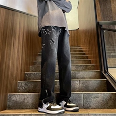 浅色秋季长裤拉链牛仔裤水洗简约潮流时尚流行阔脚裤新款E23/P40，男装牛仔裤，星座506