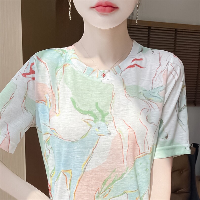 夏季轻薄薄款防晒宽松女针织圆领短袖,针织衫/毛衣,绒宛羊绒