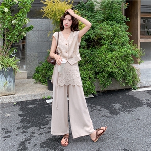 轻熟风气质套装女2026夏季薄款蕾丝上衣可拆屁帘显瘦阔腿裤两件套