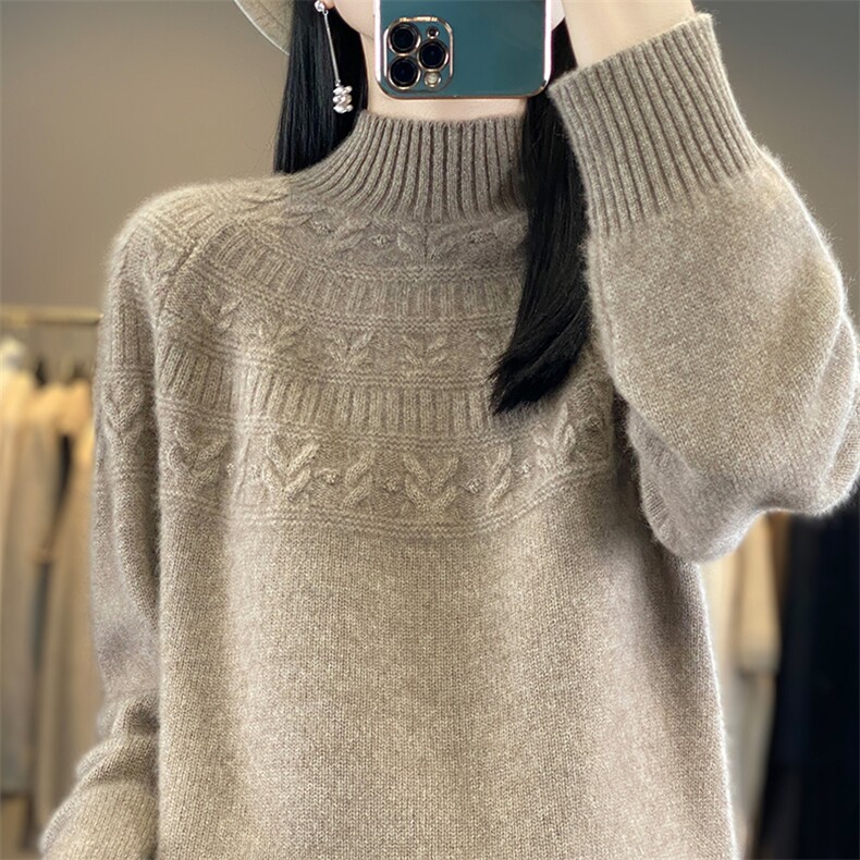 新款纯色半高圆领针织衫时尚休闲百搭,针织衫/毛衣,贝美羊绒