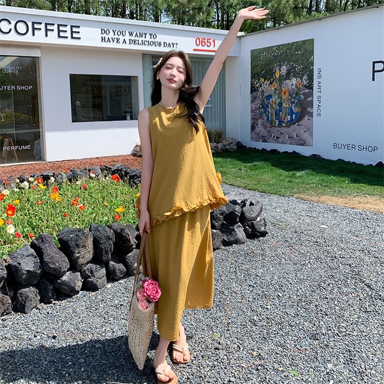 黄色度假浪漫风套装裙女2025夏季甜美气质木耳边背心半身裙两件套,女装套装/套裙,浙宝220