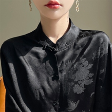 春装新款丝滑缎面衬衫女长袖立领盘扣提花新中式，女装衬衫，绒宛羊绒