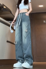 特批P40无差价夏秋衔接破洞阔腿牛仔裤男设计感中性拖地长裤N9085，男装牛仔裤，电商A001-1