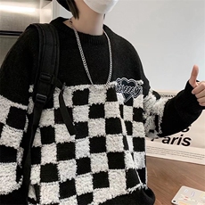 欧美hiphop炸街克莱因蓝棋盘格毛衣男宽松慵懒风针织衫M0835-p48，男装针织衫/毛衣，星座1008-1