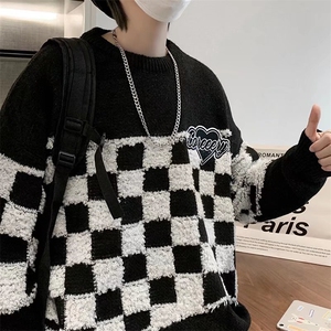 欧美hiphop炸街克莱因蓝棋盘格毛衣男宽松慵懒风针织衫M0835-p48图片