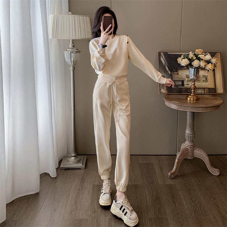 女春季新款圆领订扣设计感卫衣束脚裤两件套，女装套装/套裙，江南