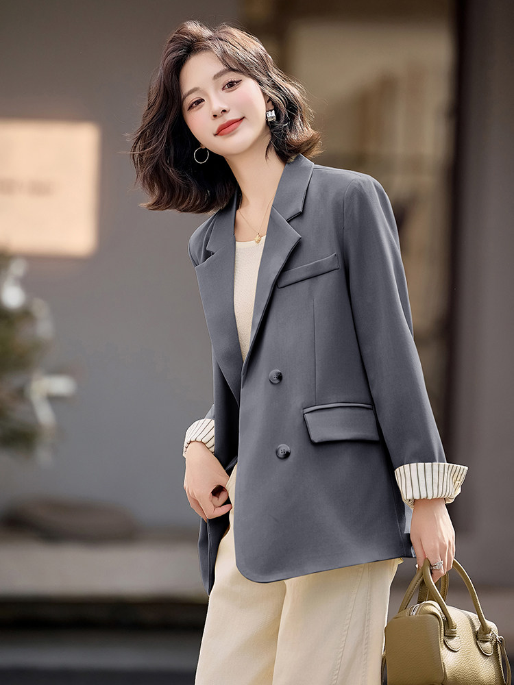 高级感时尚拼接西装外套女2025春季新款洋气百搭双排扣小西服上衣,女装西装,天丝秀