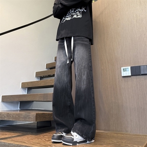闪电纹黑色牛仔裤直筒裤子宽松水洗痞帅阔腿裤310A-4-NZ59-TP35