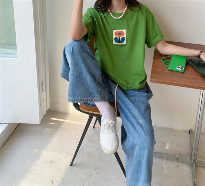 夏季印花植绒T恤，女装T恤，简蔻