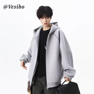1506/QW3480/P49美式开衫连帽卫衣外套百搭夹克宽松潮流男装图片