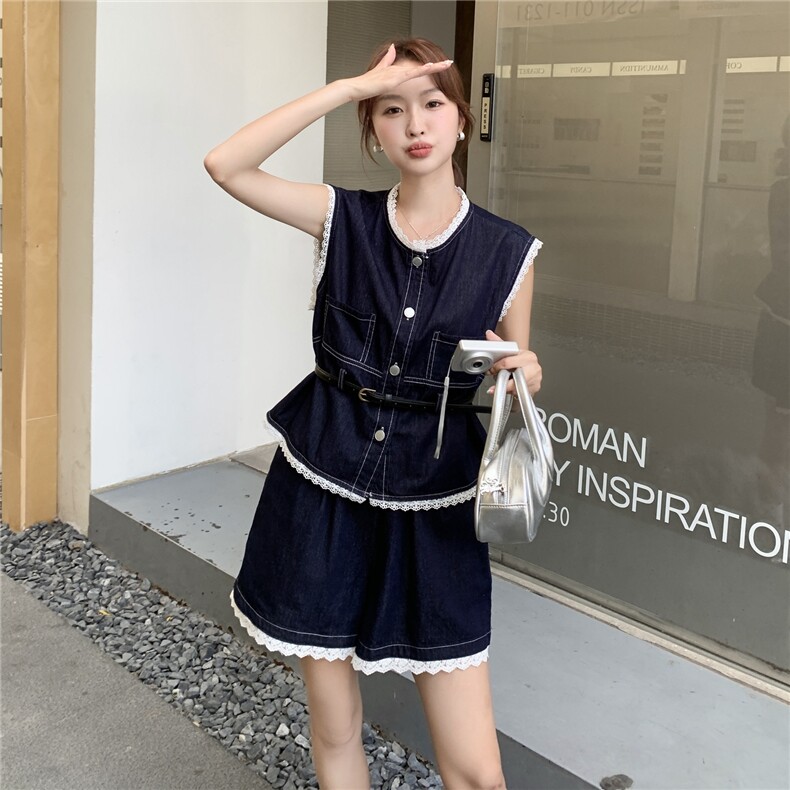 深蓝色蕾丝牛仔背心套装女2025夏季新款韩版小个子休闲短裤两件套,女装套装/套裙,2C325