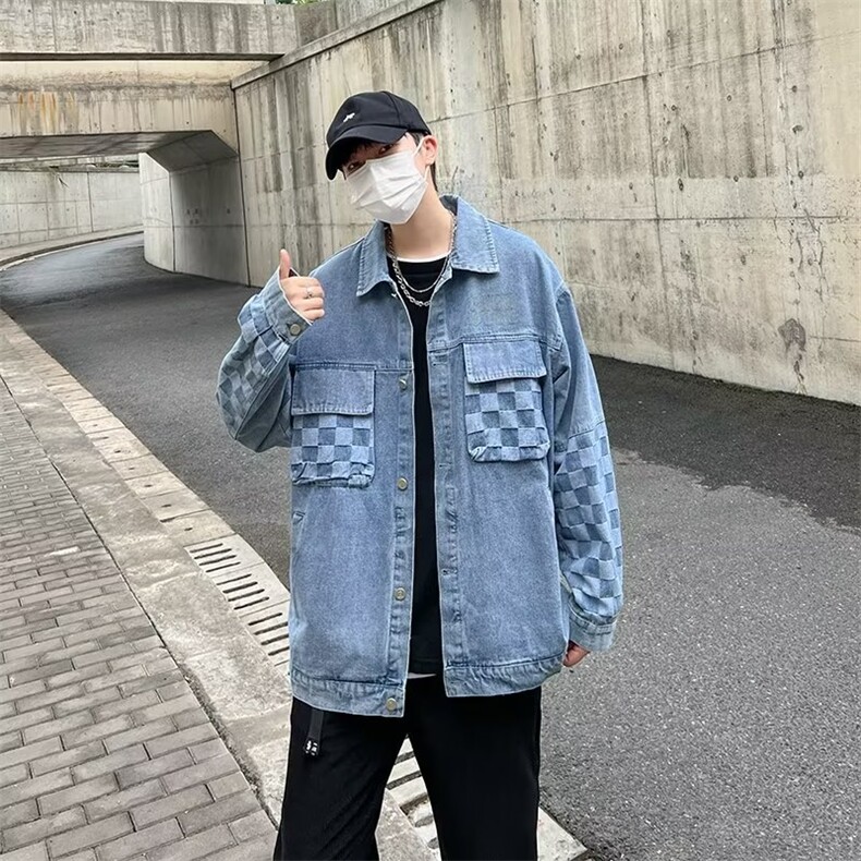 美式棋盘格复古情侣春装牛仔夹克外套男水洗褂衣拼接MB52-P65,男装夹克,星座1109-3