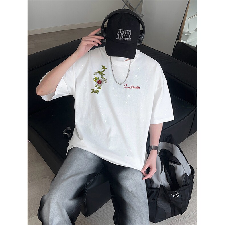 可48小时发货支持抖音得物来样二开美式满天星亮片短袖T恤MTX717,男装T恤,电商A486-1