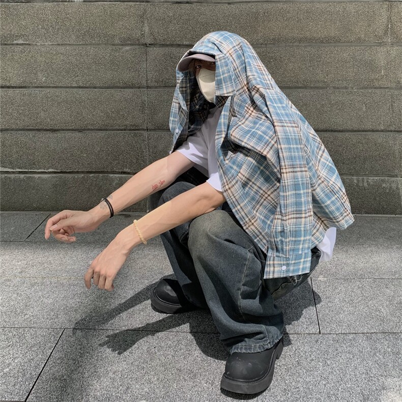 抖音纯棉格子衬衫男士宽松大码美式港风长袖衬衣DX508P50-控79,男装衬衫,电商B413-1