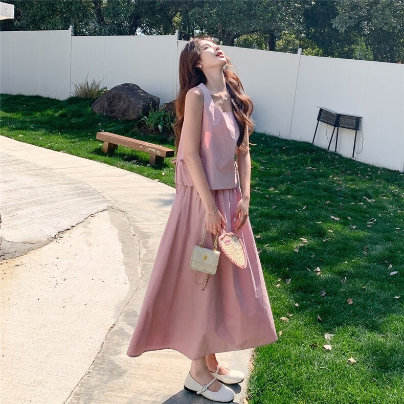 粉色超好看无袖背心套装裙女2025夏季新款法式温柔风半身裙两件套,女装套装/套裙,2C032