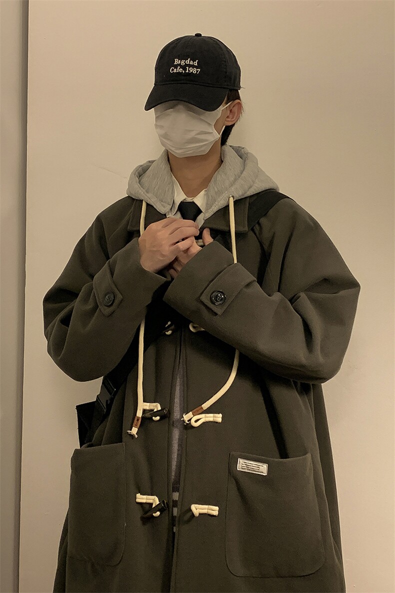 港风室内牛角扣加呢大衣男可拆卸帽外套男FY8716P138控188,男装棉衣,星座226-1