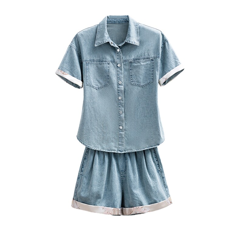 短袖牛仔衬衫套装女2026夏季新款小个子港风复古阔腿短裤两件套潮,女装套装/套裙,微微衣阁