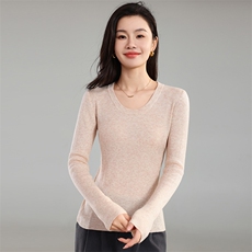 女士秋季新款修身显瘦U型领针织打底衫时尚百搭长袖毛衣，女装针织衫/毛衣，奢优羊绒