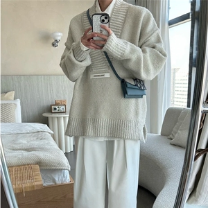 秋冬时尚大V领外搭毛衣男女慵懒风毛线衣网红针织衫6318-P49网图图片