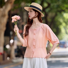 【ShawEleven】2025夏法式圆领上衣风琴褶皱设计感五分袖黄色衬衫，女装衬衫，依路服饰